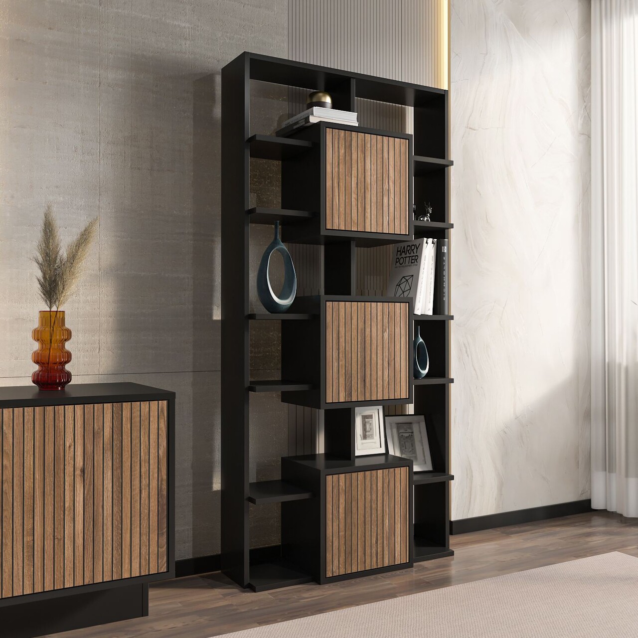 Corp biblioteca, Hanah Home, Monaco, 85x176x20 cm, Negru / Nuc deschis - imagine 6